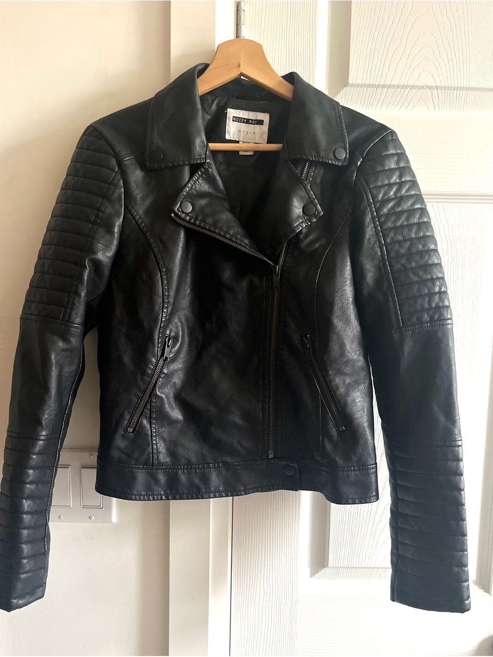 Noisy May Biker Moto Black Vegan Leather with Quilted Sleeves Lined Jacket SZ M